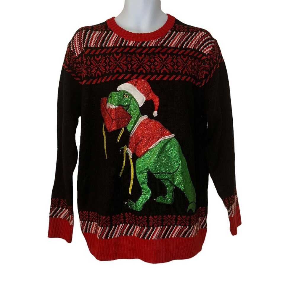 Holiday Hype Ugly Christmas Sweater Mens L TRex Dinosaur Carrying Gift Holiday